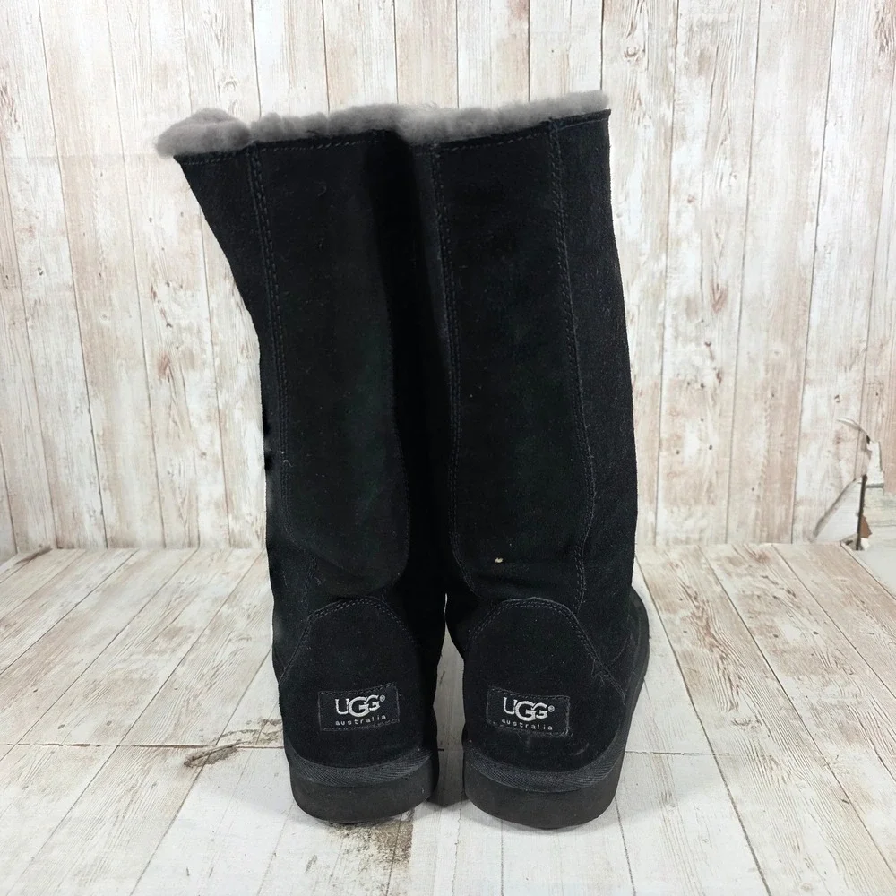 UGG Australia Sundance II Black Suede Sheepskin Lace Up Tall Boots 5230 Womens 8